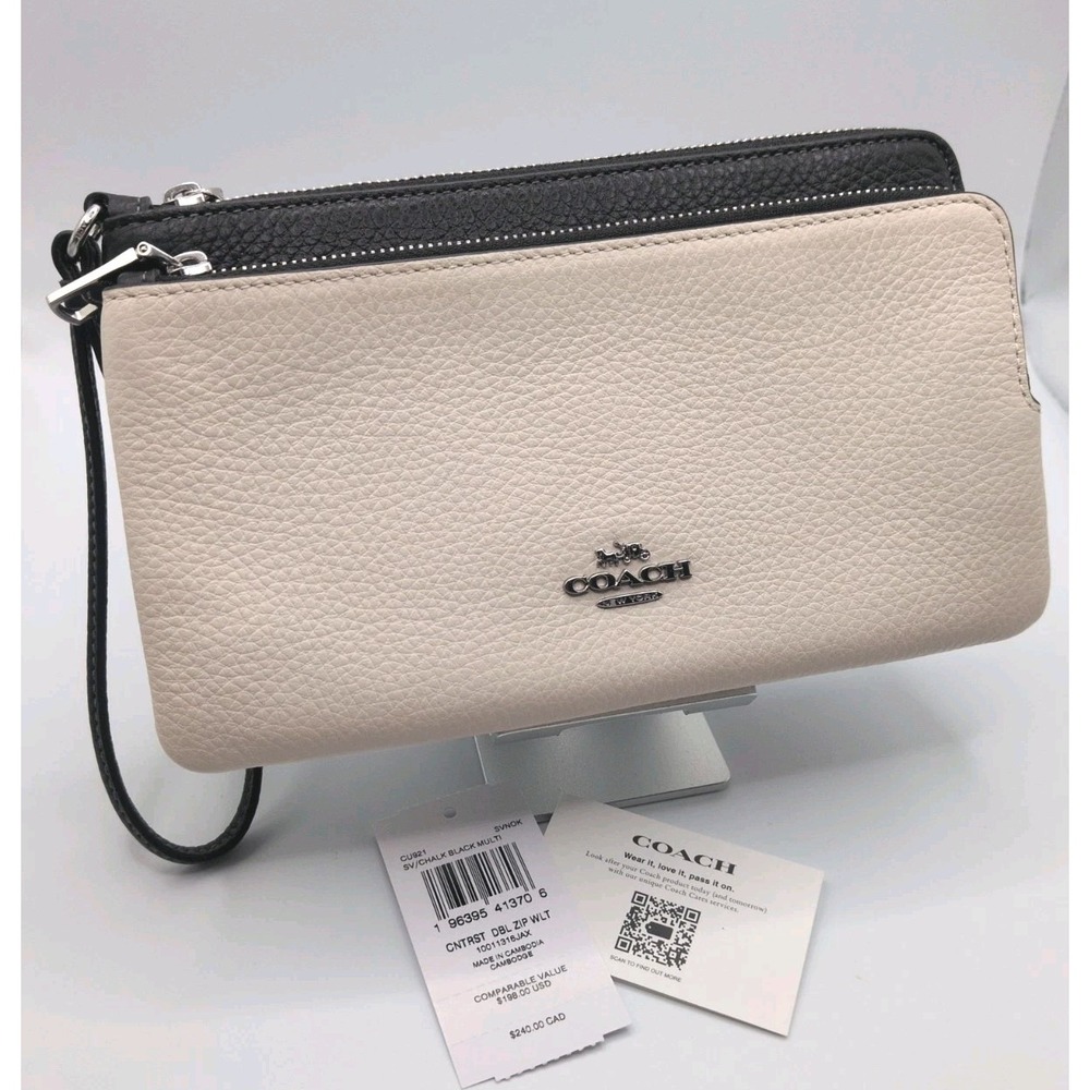 Coach Double Zip Wallet Wristlet Pouch Pebbled Finish Chalk Multi